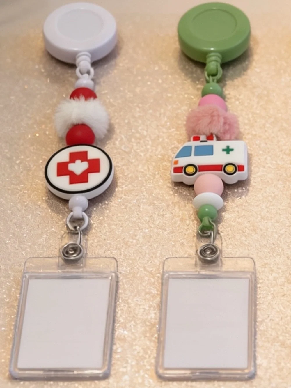 Handmade Beaded Preppy Medical Red Cross Heart Badge Reel & Keychain Set